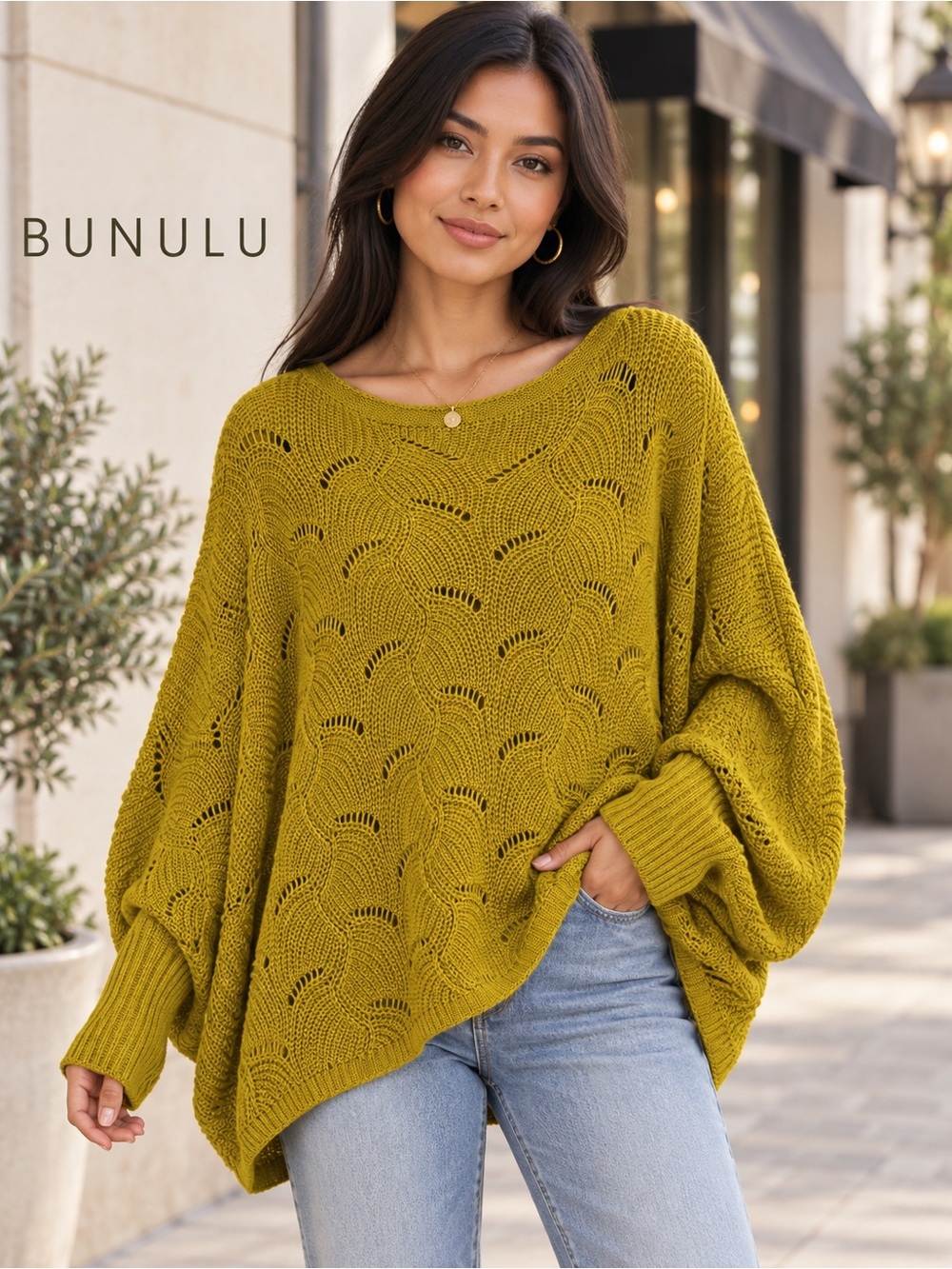 Bunulu Openwork Knit Pullover Sweater Mustard Yellow Size S